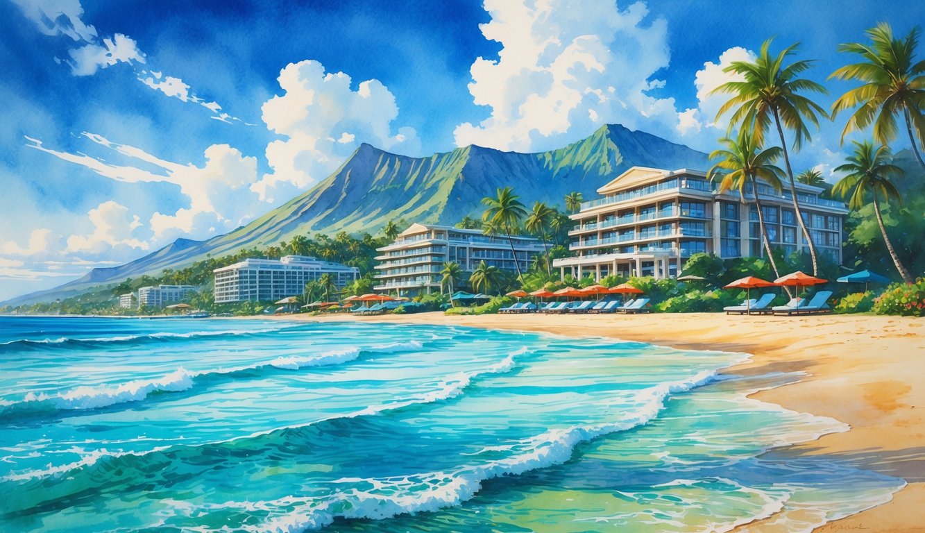 A coastal scene showing several hotels along a Hawaiian shoreline with palm trees, a sandy beach, turquoise ocean waves, and mountains in the background.