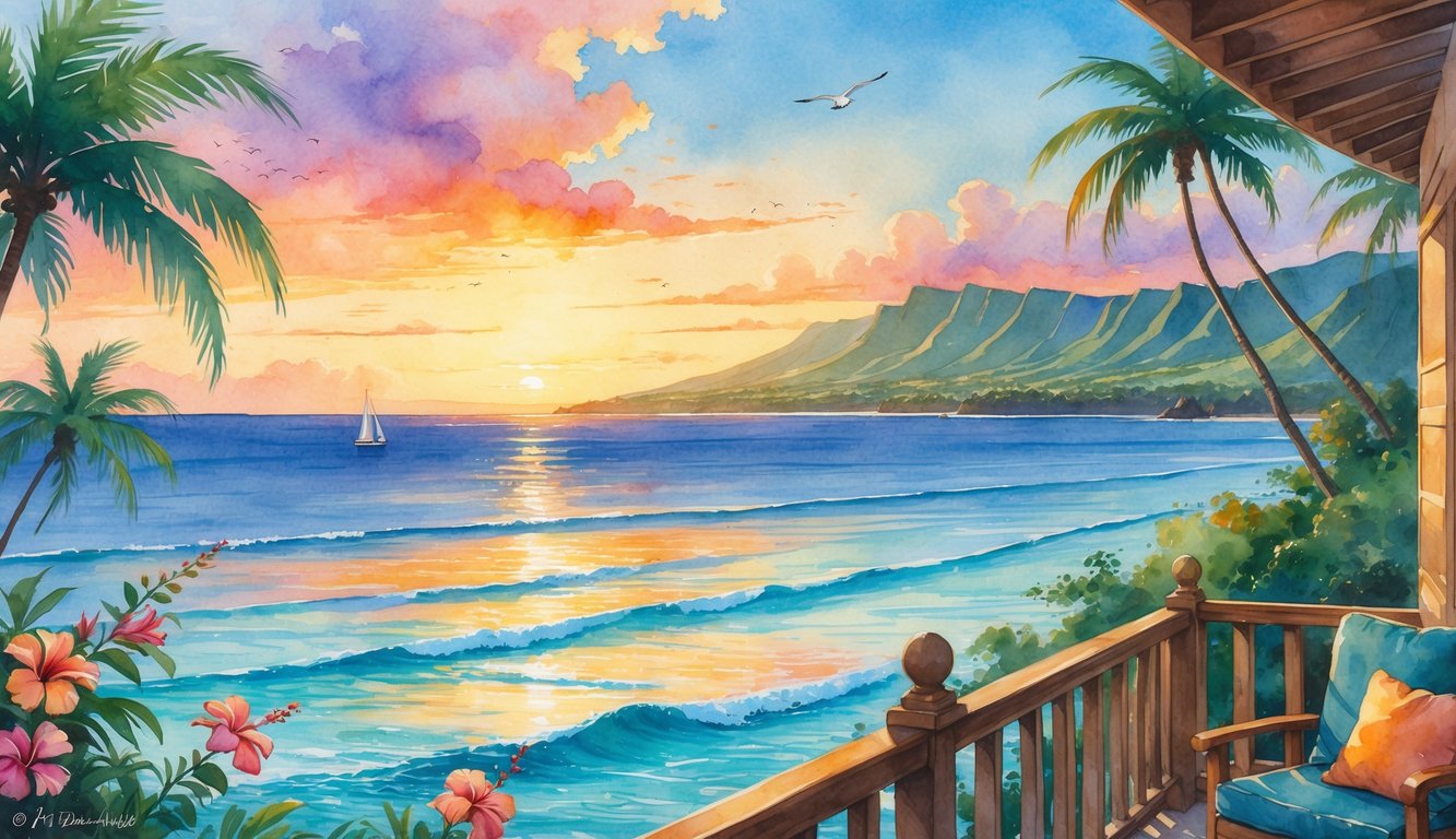 Ocean view from a hotel balcony in Hawaii at sunset with tropical plants, distant mountains, and a sailboat on calm water.