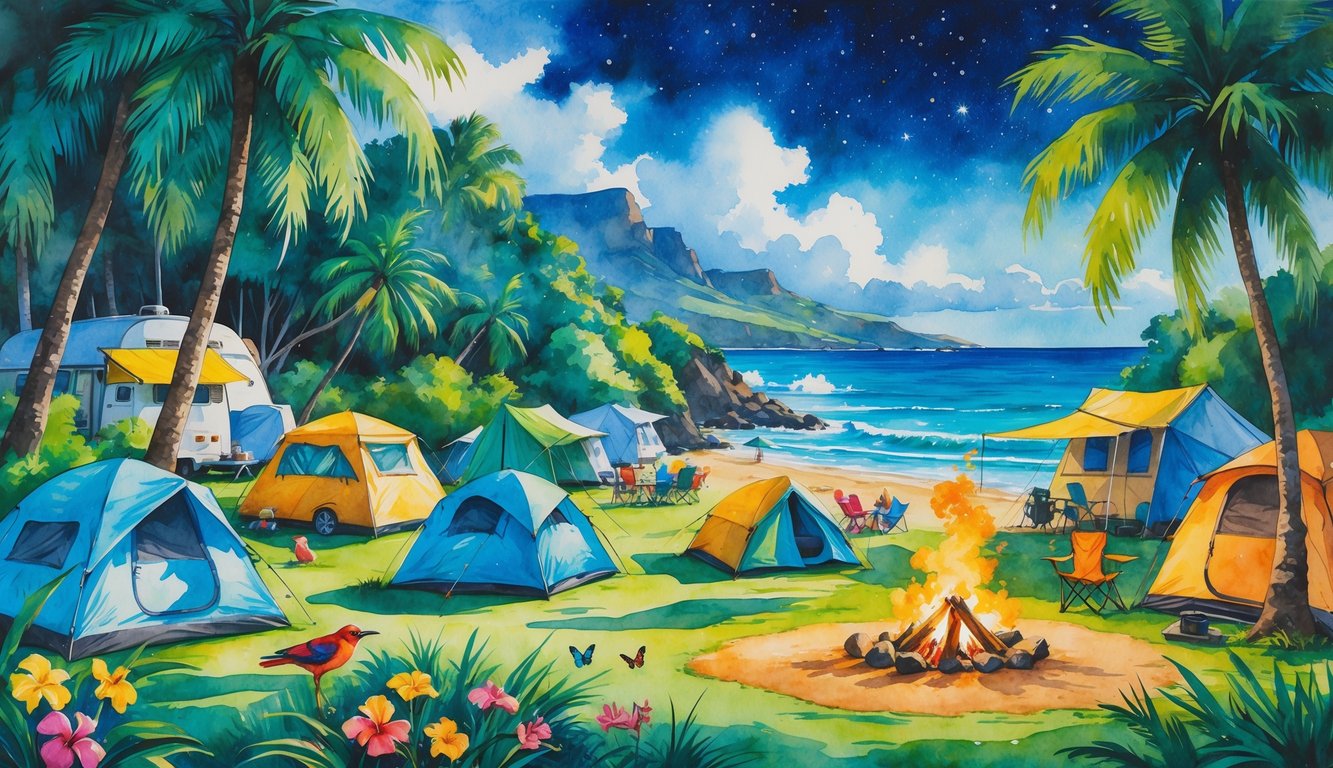 A colorful outdoor scene showing different camping setups in a tropical forest, on a beach, and near mountains with people around a campfire and ocean waves in the background.