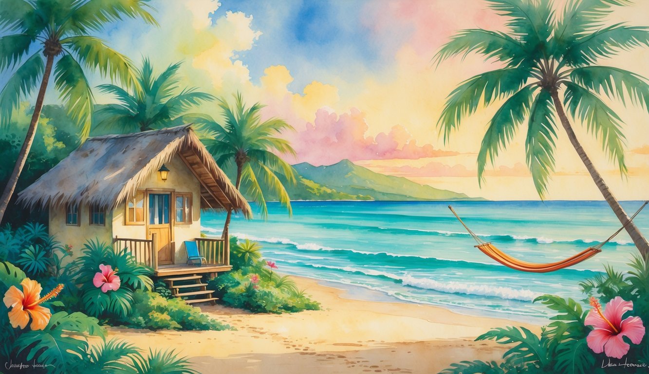 A small bungalow by a tropical beach with palm trees, surfboards, and mountains in the background at sunrise.