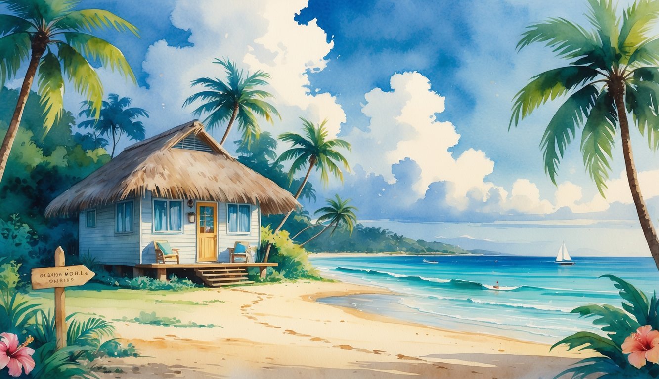 A small beachfront bungalow surrounded by palm trees and flowers near a calm ocean with a sandy path leading to it.