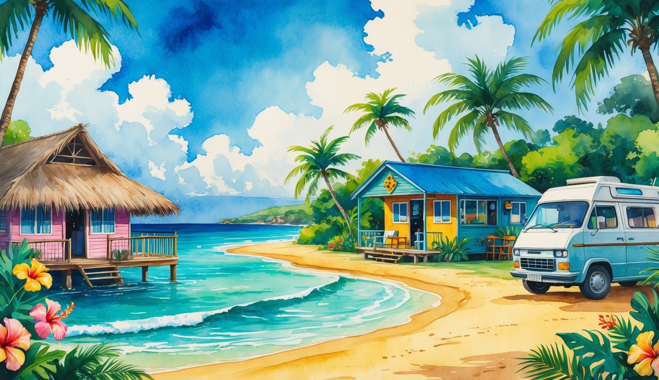 A beach scene showing a small bungalow, a colorful hostel, and a camper van near tents by the ocean with palm trees and tropical plants.