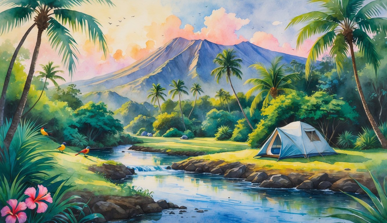 A peaceful campground in Hawaii with a tent near a stream, surrounded by palm trees, flowers, and mountains in the background at sunrise.