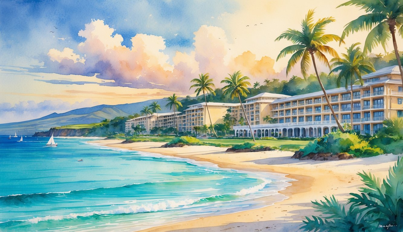 A tranquil coastal scene with beachfront hotels surrounded by palm trees, calm ocean waves, and a colorful sunset sky.