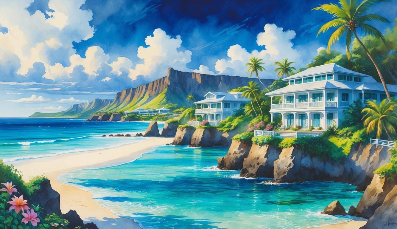 A peaceful tropical island with boutique hotels on cliffs overlooking clear blue ocean waters, surrounded by palm trees and lush greenery.