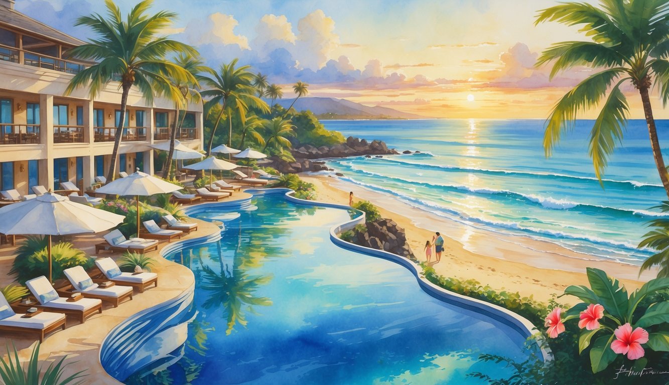 A peaceful beachfront resort with pools, palm trees, and people enjoying the ocean view at sunset.