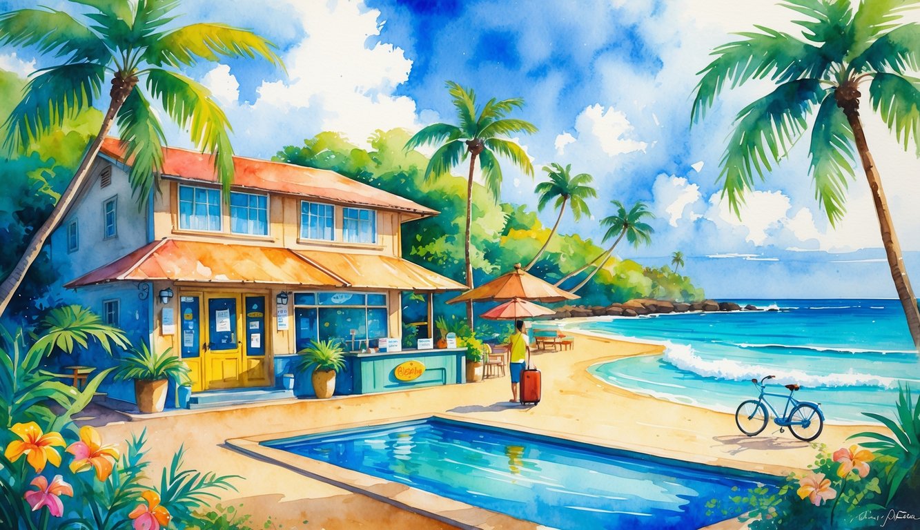 A small hotel surrounded by palm trees and tropical flowers near a beach with a swimming pool, outdoor cafe, and a traveler checking in.