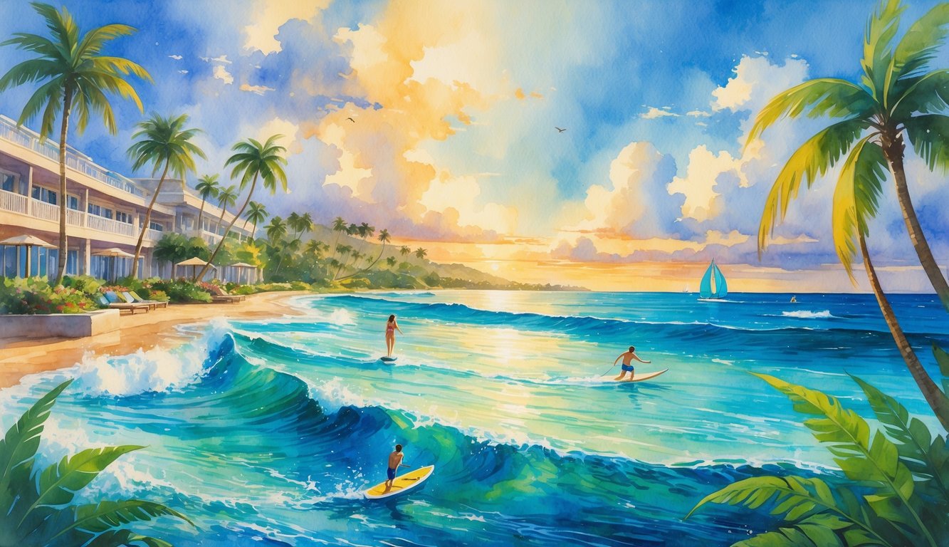 A tropical hotel terrace overlooking the ocean with palm trees, people snorkeling, surfing, and sailing under a colorful sunset sky.