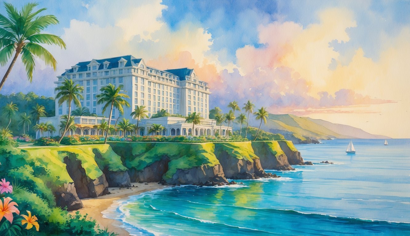 A hotel overlooking the ocean with palm trees, tropical flowers, and sailboats in the distance under a colorful sky.