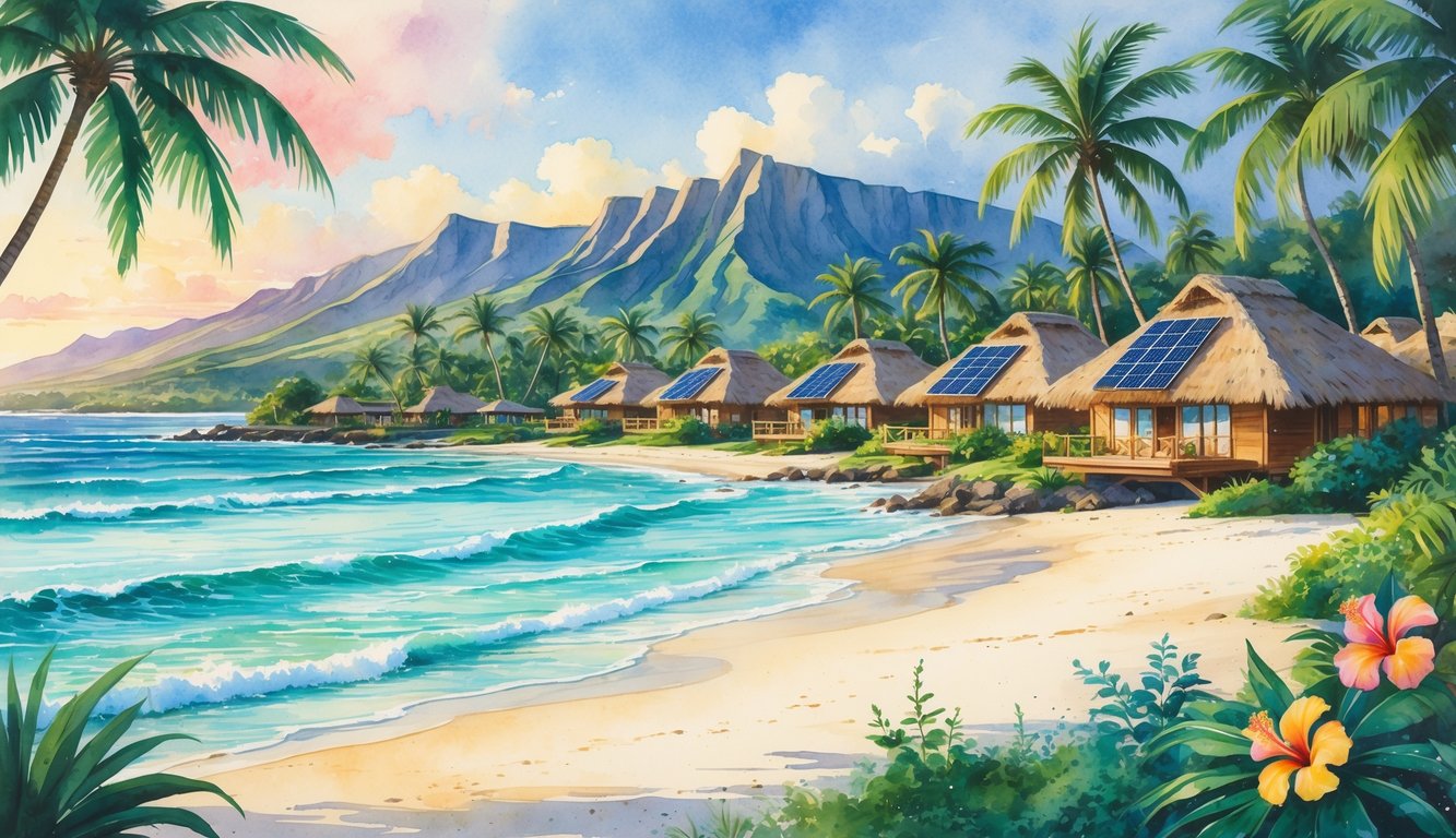 A tropical Hawaiian beach scene with eco-friendly bungalows surrounded by palm trees, clear ocean waves, volcanic mountains, and colorful flowers.