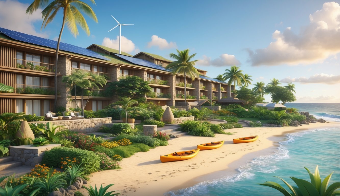 A tropical Hawaiian hotel surrounded by palm trees and plants near a beach with clear blue water and a bright sky.