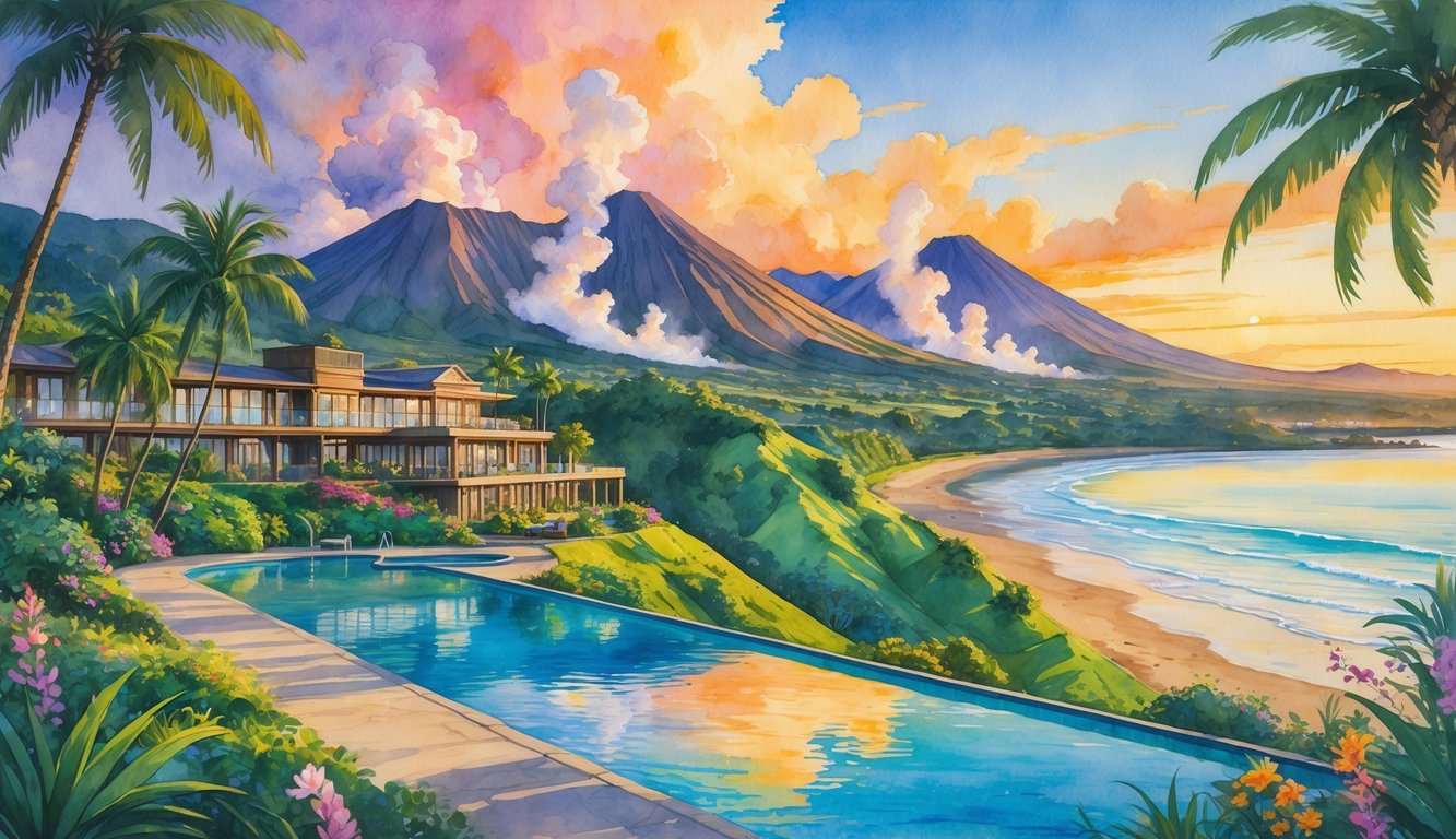 A hotel surrounded by tropical plants near volcanoes with an ocean and beach in the background at sunset.