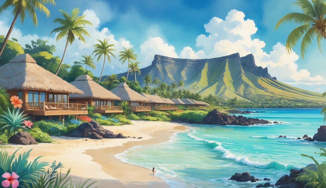 A peaceful tropical beach scene with palm trees, colorful flowers, eco-friendly resort buildings, and volcanic mountains in the background.