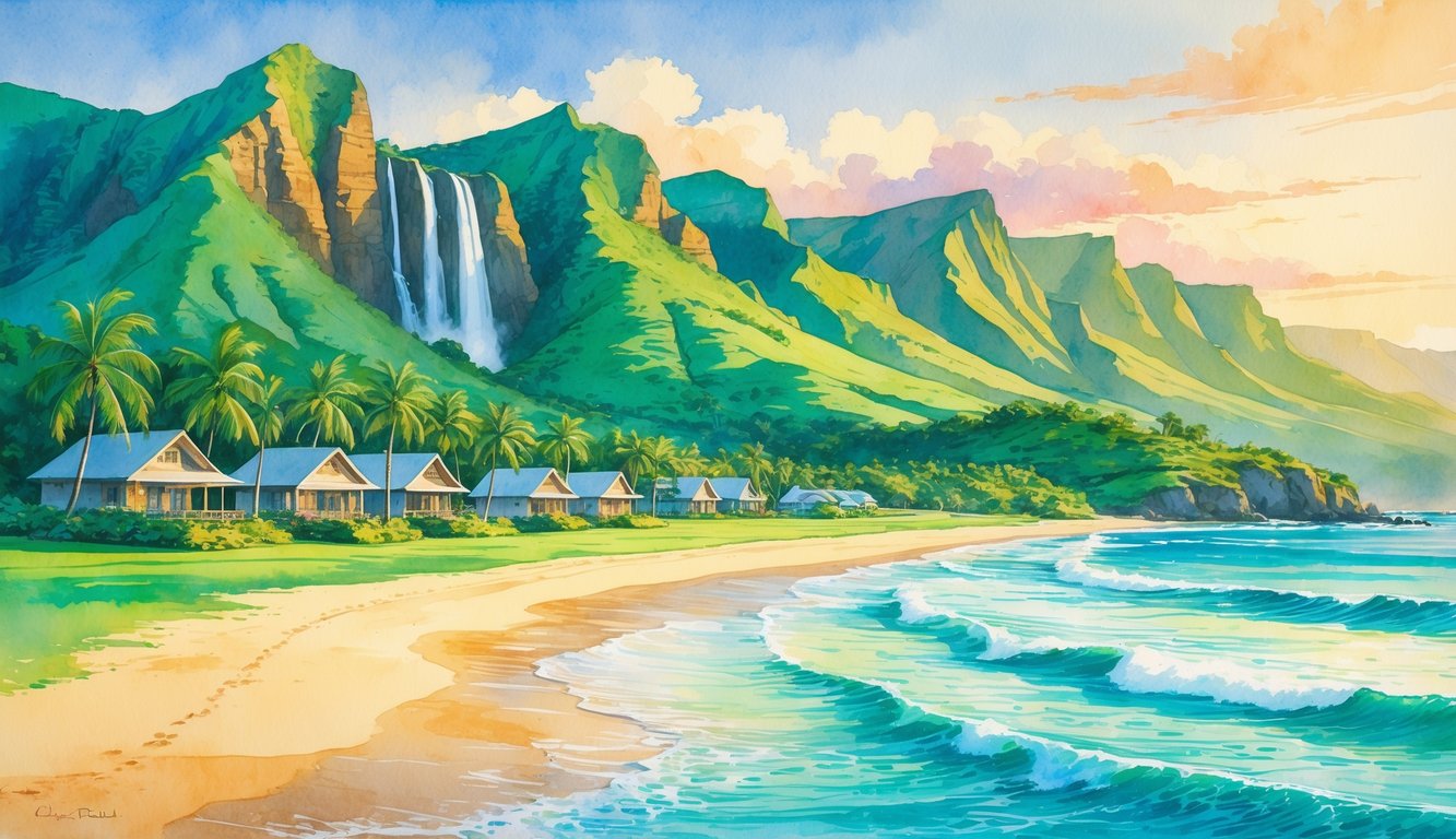 A tropical beach scene with green mountains, waterfalls, palm trees, and cottages by the shore at sunset.