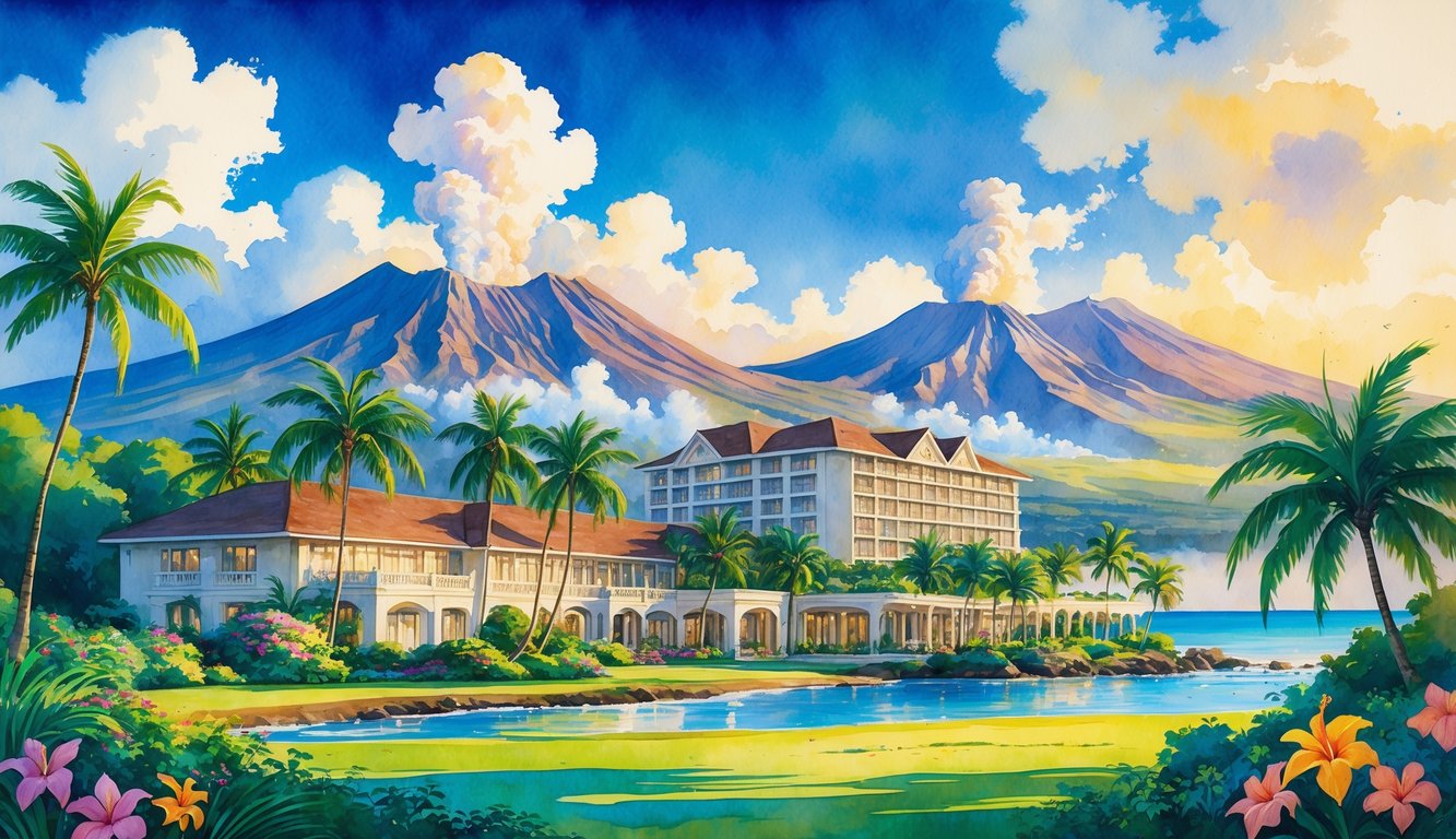 A tropical Hawaiian landscape with volcanoes in the background and a resort hotel surrounded by palm trees and flowers.