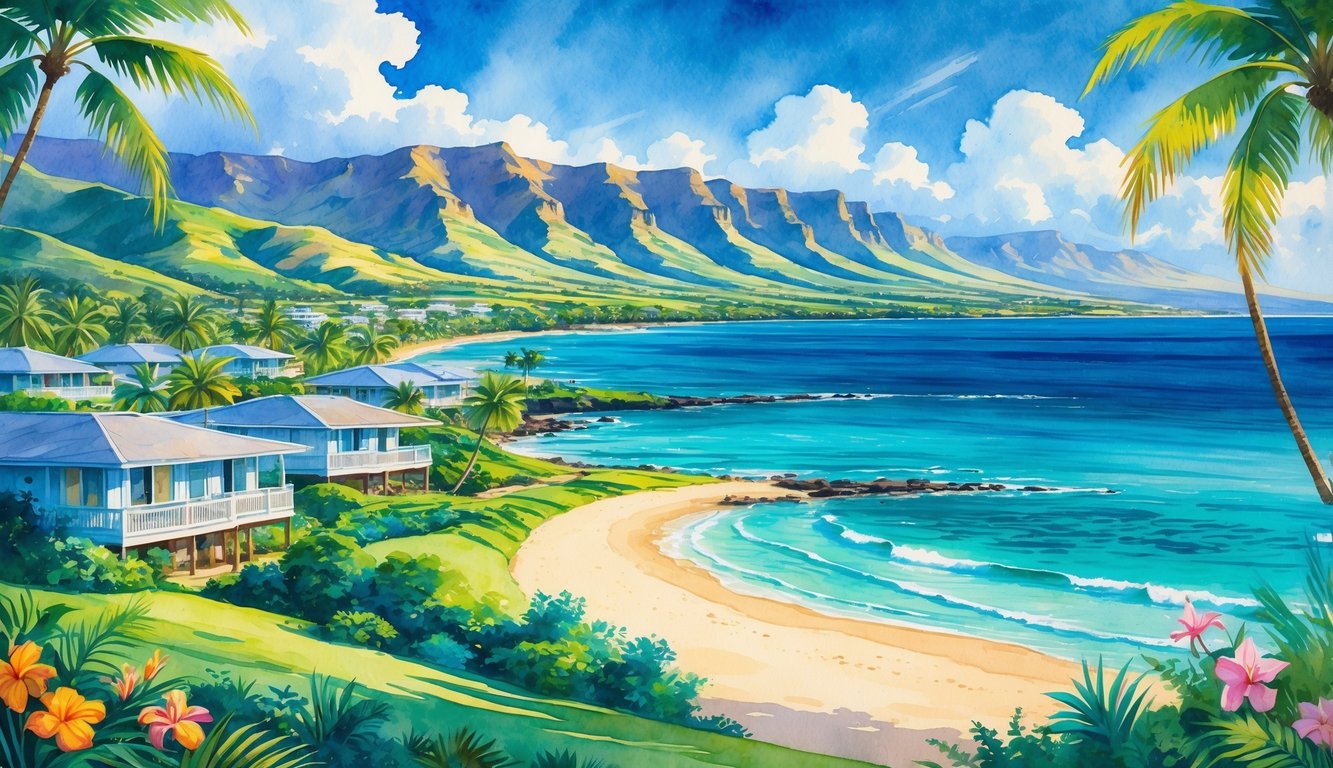 A coastal landscape with tropical greenery, beaches, resorts, mountains, and ocean under a blue sky.
