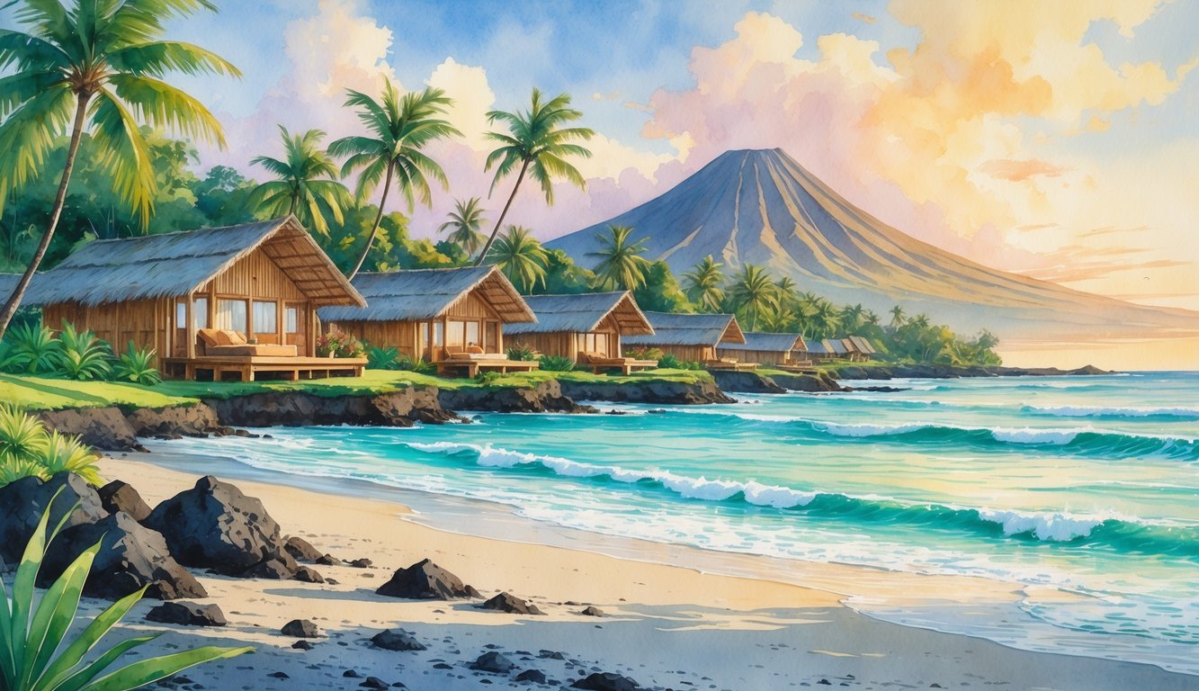A peaceful tropical resort with wooden bungalows surrounded by palm trees and plants near a sandy beach and ocean, with a volcanic mountain in the background under a colorful sky.