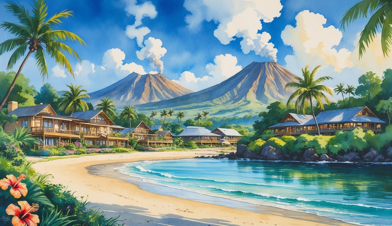 A peaceful Hawaiian landscape with hotels surrounded by tropical plants near volcanoes and a beach with ocean waves.