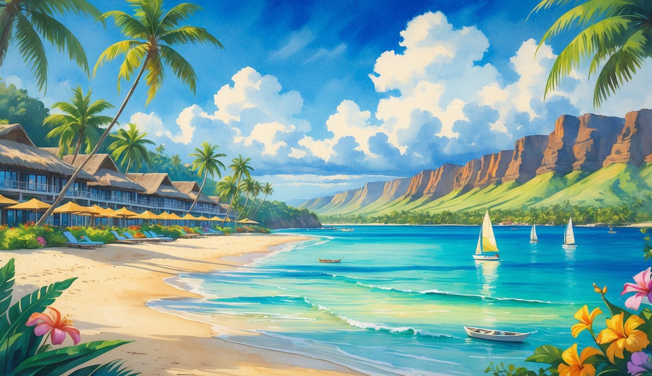 A tropical coastline with beachfront resorts, palm trees, sandy beaches, clear ocean water, mountains in the background, and colorful flowers in the foreground.