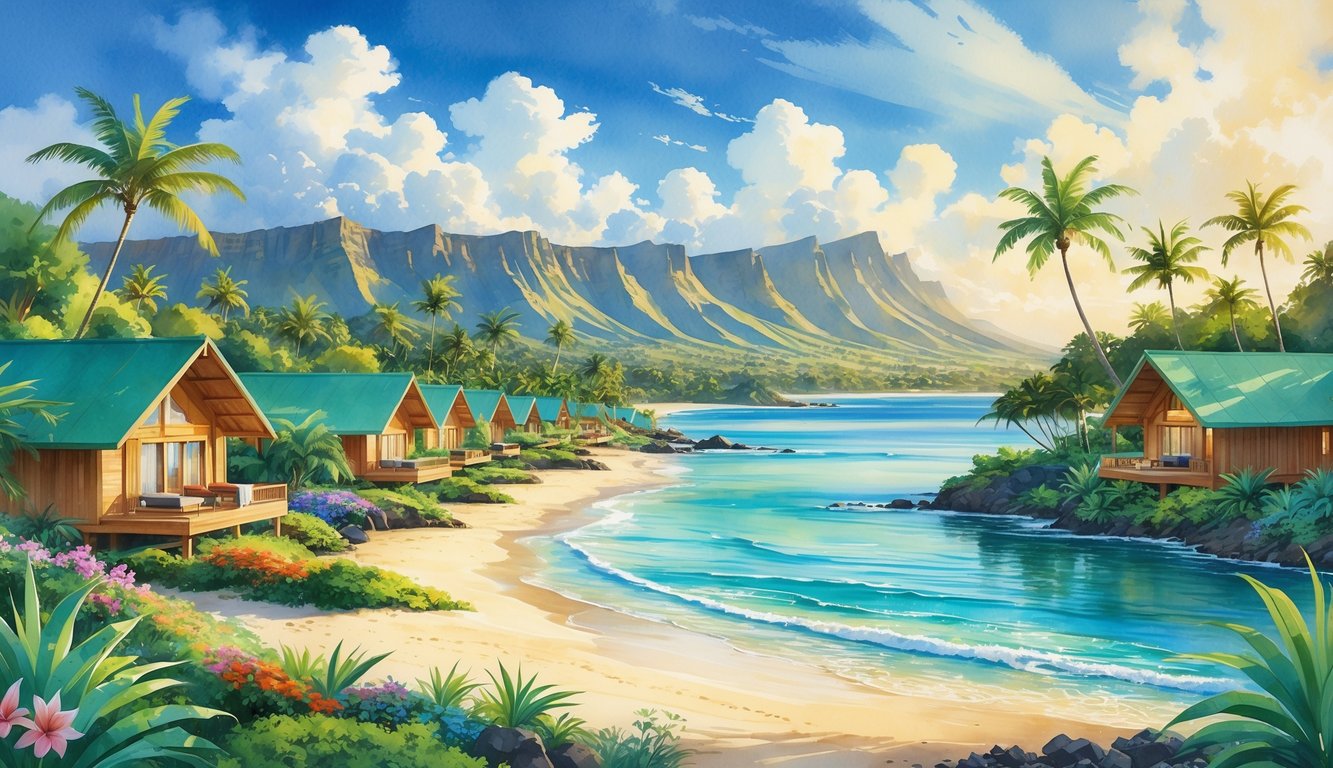 A luxurious hotel resort with wooden bungalows surrounded by tropical plants and palm trees near a sandy beach and ocean, with mountains in the background.