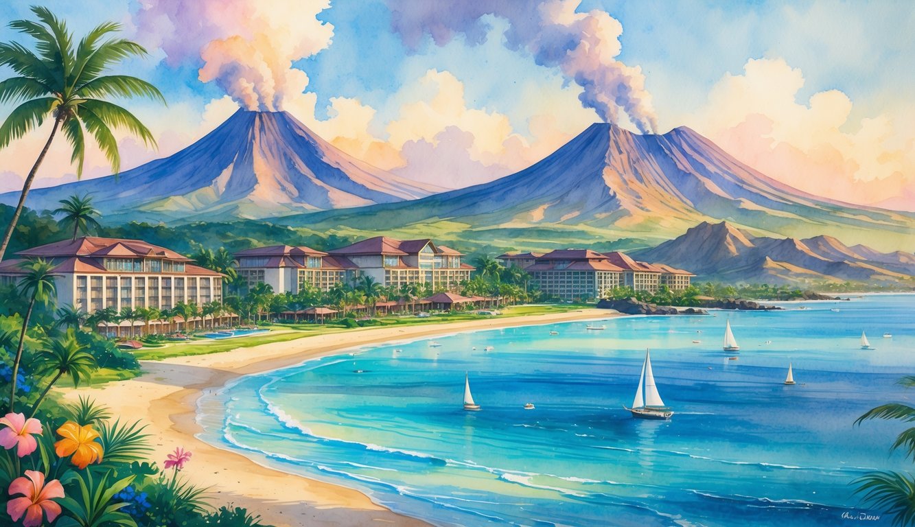 A tropical Hawaiian landscape with volcanoes in the background, hotels surrounded by palm trees and flowers, and a calm ocean coastline.