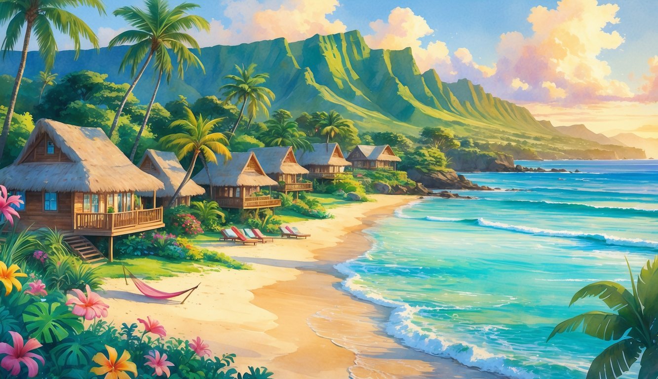 A peaceful tropical beach scene with cottages, treehouses, and villas surrounded by palm trees, flowers, mountains, and the ocean.