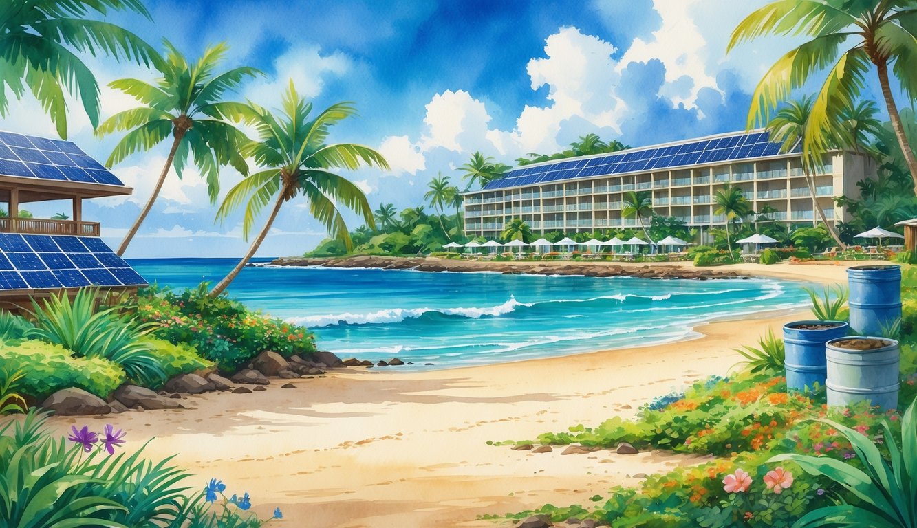 A tropical Hawaiian beachfront hotel surrounded by palm trees, native plants, solar panels, and a garden with compost bins by the ocean.