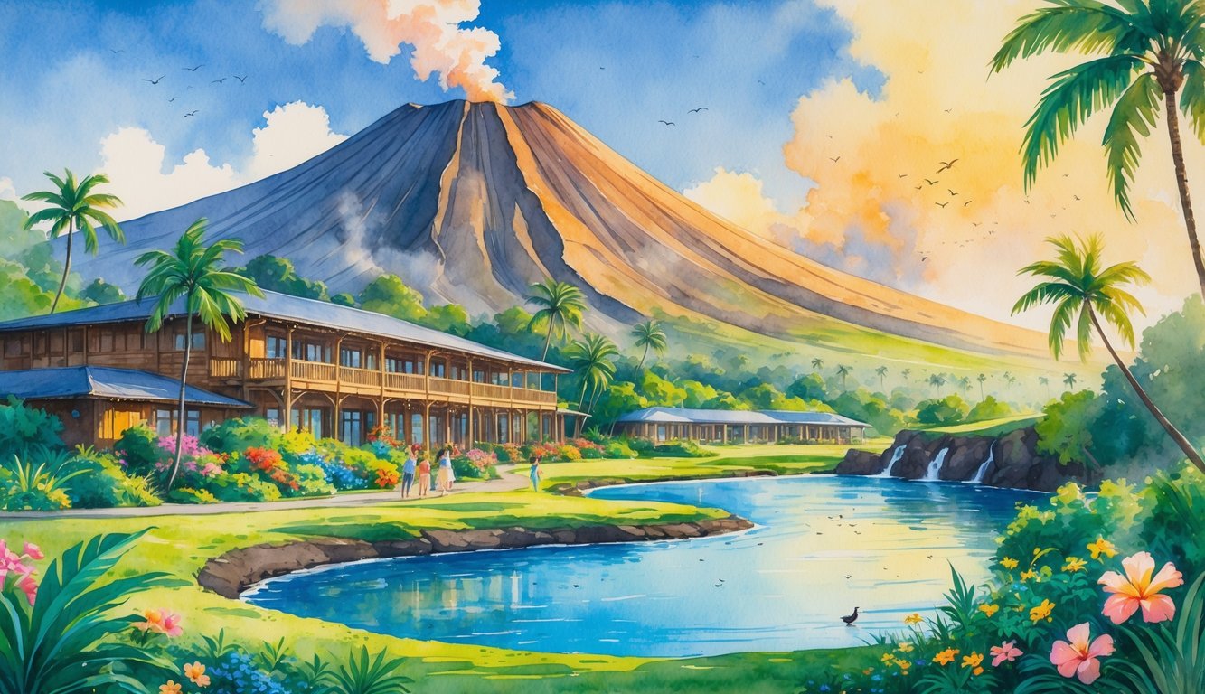 A peaceful scene showing a hotel near a volcano surrounded by tropical plants, palm trees, and a small body of water under a colorful sky.