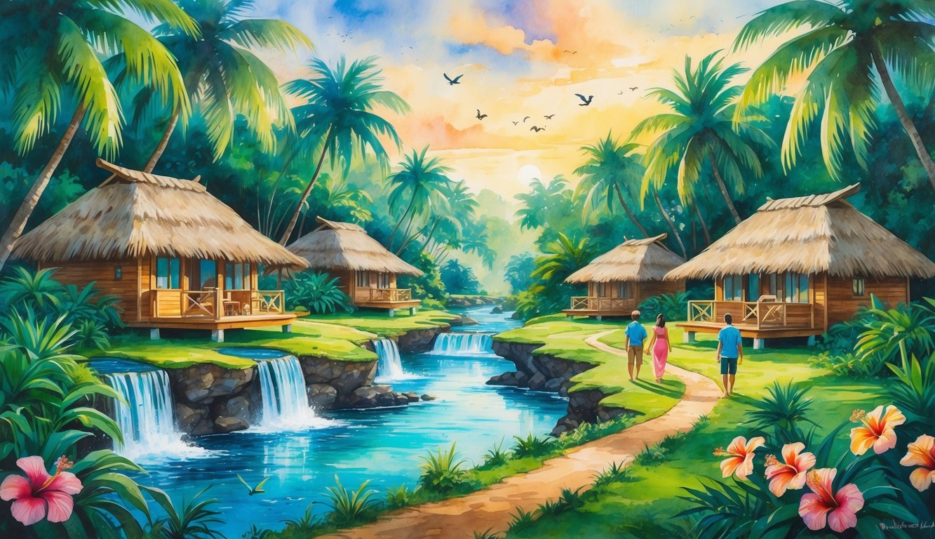 A tropical Hawaiian landscape with green palm trees, waterfalls, wooden eco-friendly bungalows, and people exploring nature along a forest path.