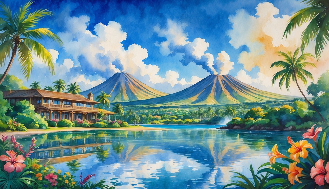 A tropical Hawaiian landscape showing a hotel surrounded by palm trees and flowers, with volcanoes and smoke rising in the background over a calm lagoon.