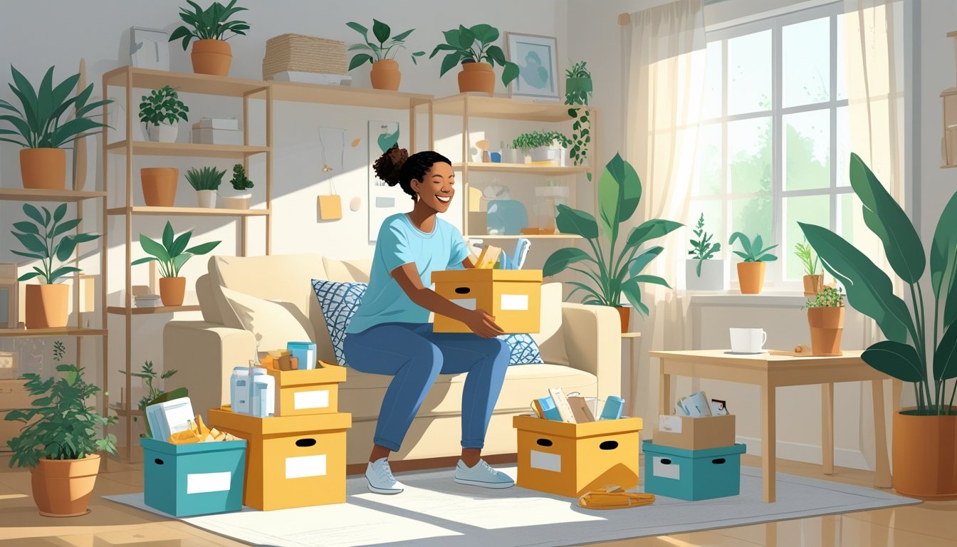 A person organizing and decluttering a tidy, sunlit room by placing items into boxes and baskets.