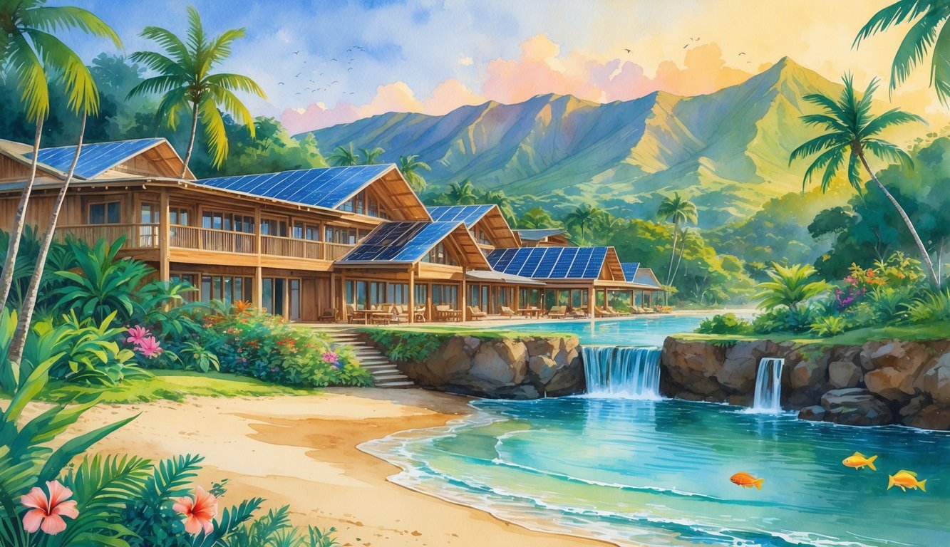 A peaceful Hawaiian hotel surrounded by tropical plants, mountains, and a beach with clear water and colorful birds.