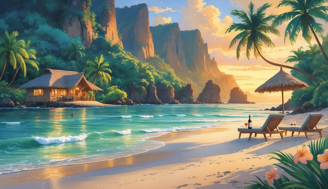 A peaceful tropical beach at sunset with palm trees, cliffs, a small bungalow, and two lounge chairs by the shore.