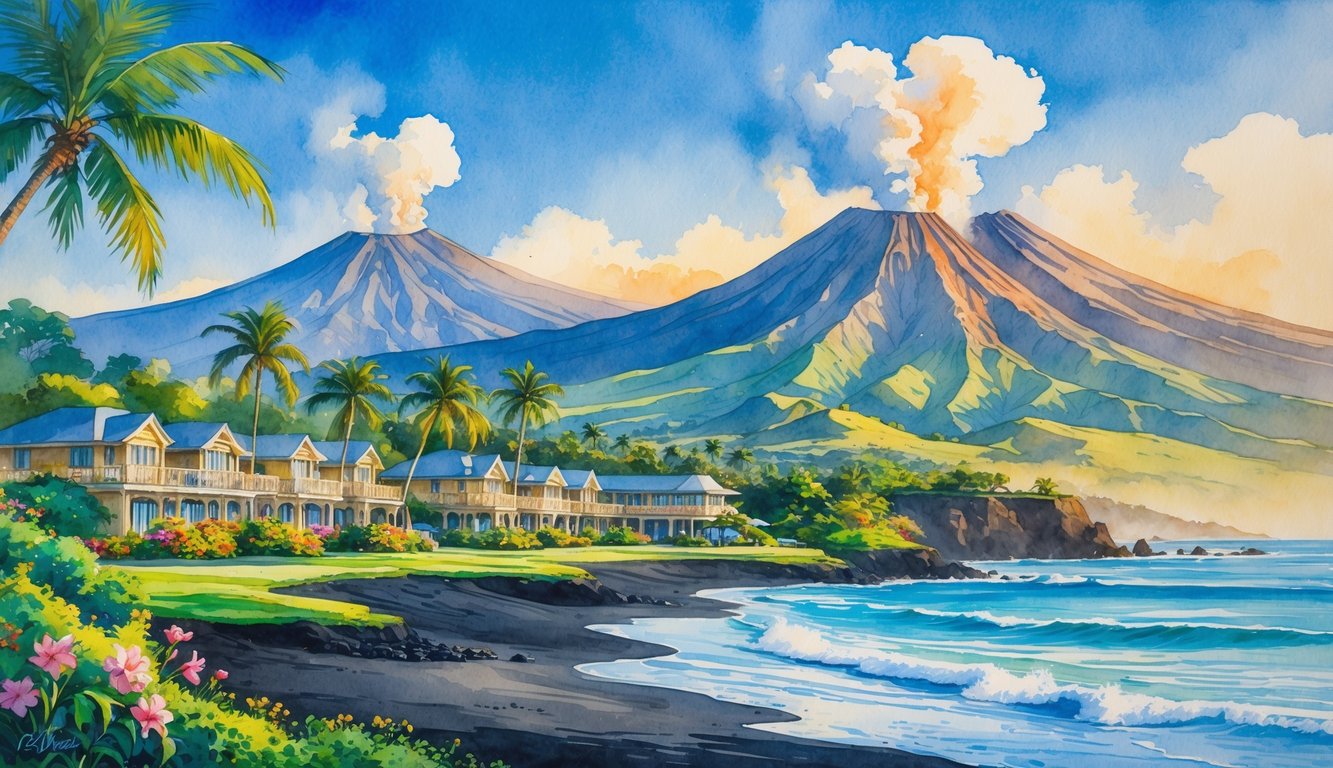 A peaceful Hawaiian landscape showing volcanoes, tropical plants, hotels, and a shoreline with black sand beaches.
