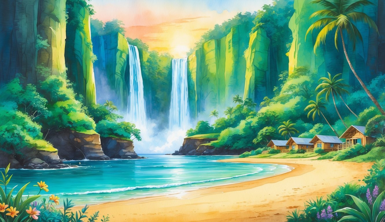 A peaceful tropical landscape with green cliffs, waterfalls, a sandy beach, clear ocean water, colorful flowers, and small cabins nestled among trees.