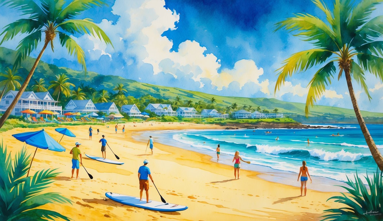 A beach scene with people enjoying activities like paddleboarding and volleyball, surrounded by palm trees and beachfront cottages.