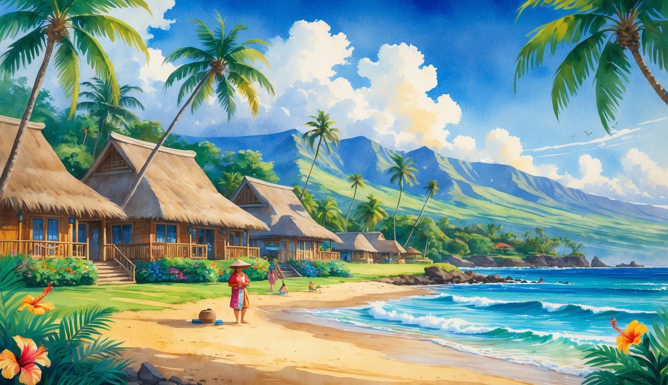 A tropical beach scene with palm trees, mountains, colorful flowers, traditional Hawaiian cottages, and people enjoying local activities near the ocean.