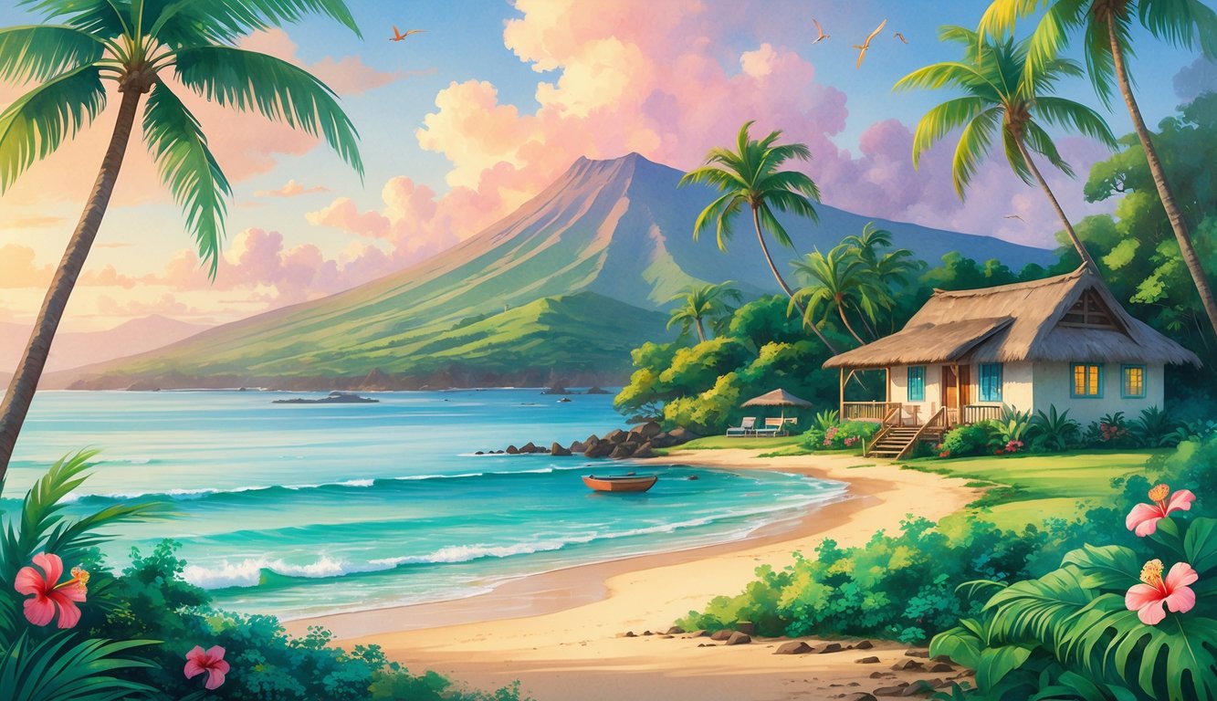 A peaceful coastal scene with a beachfront cottage, palm trees, tropical flowers, turquoise ocean, and a distant mountain under a colorful sunrise sky.