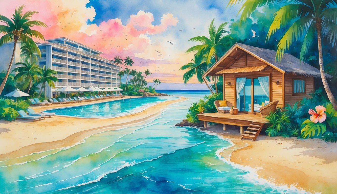 A Hawaiian beach scene showing a large beachfront hotel on one side and a small tropical bungalow on the other, both near the ocean with palm trees and a colorful sunset sky.