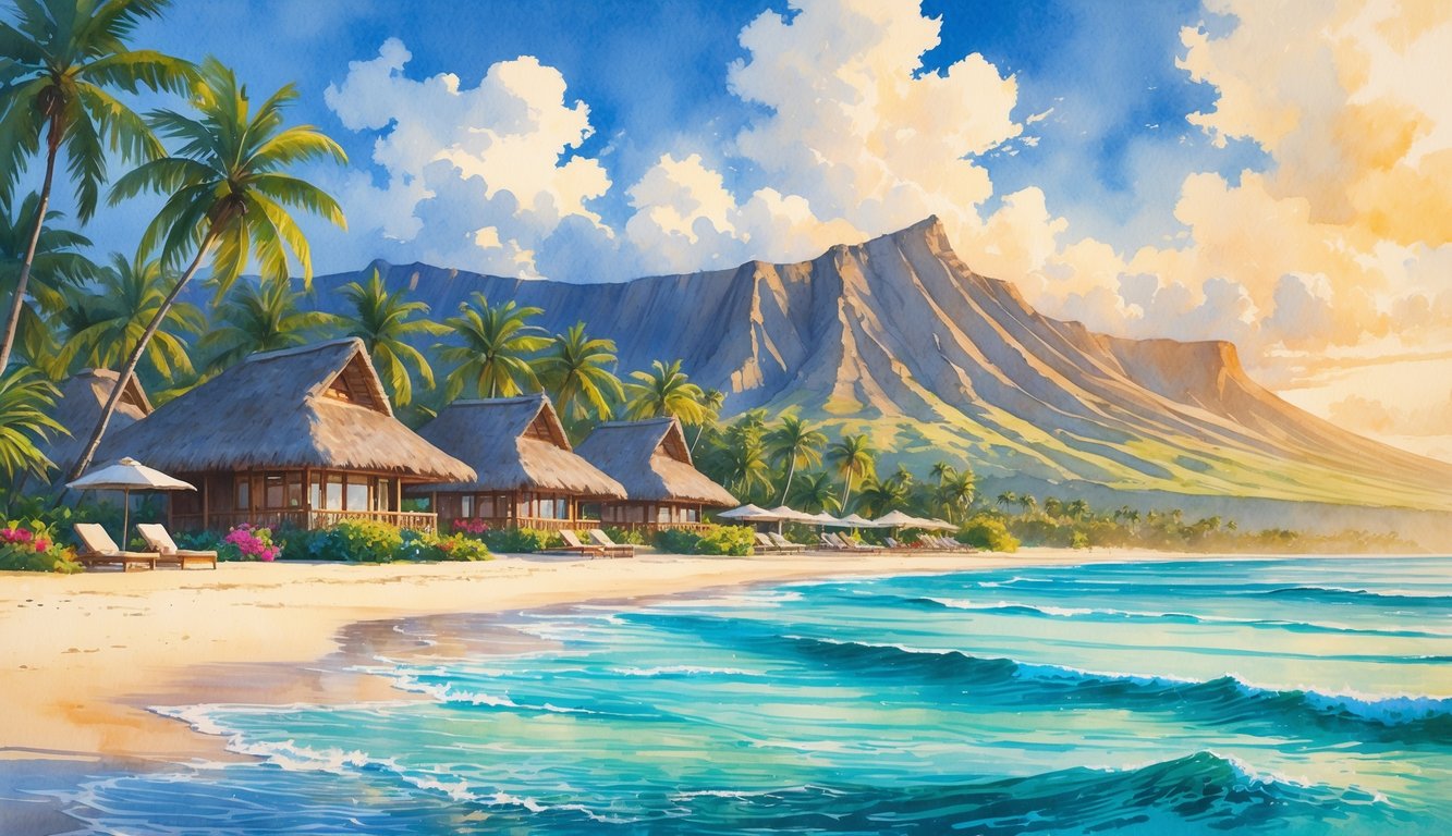 A peaceful beachfront resort on the Big Island with palm trees, sandy beach, clear blue ocean, and volcanic mountains in the background.