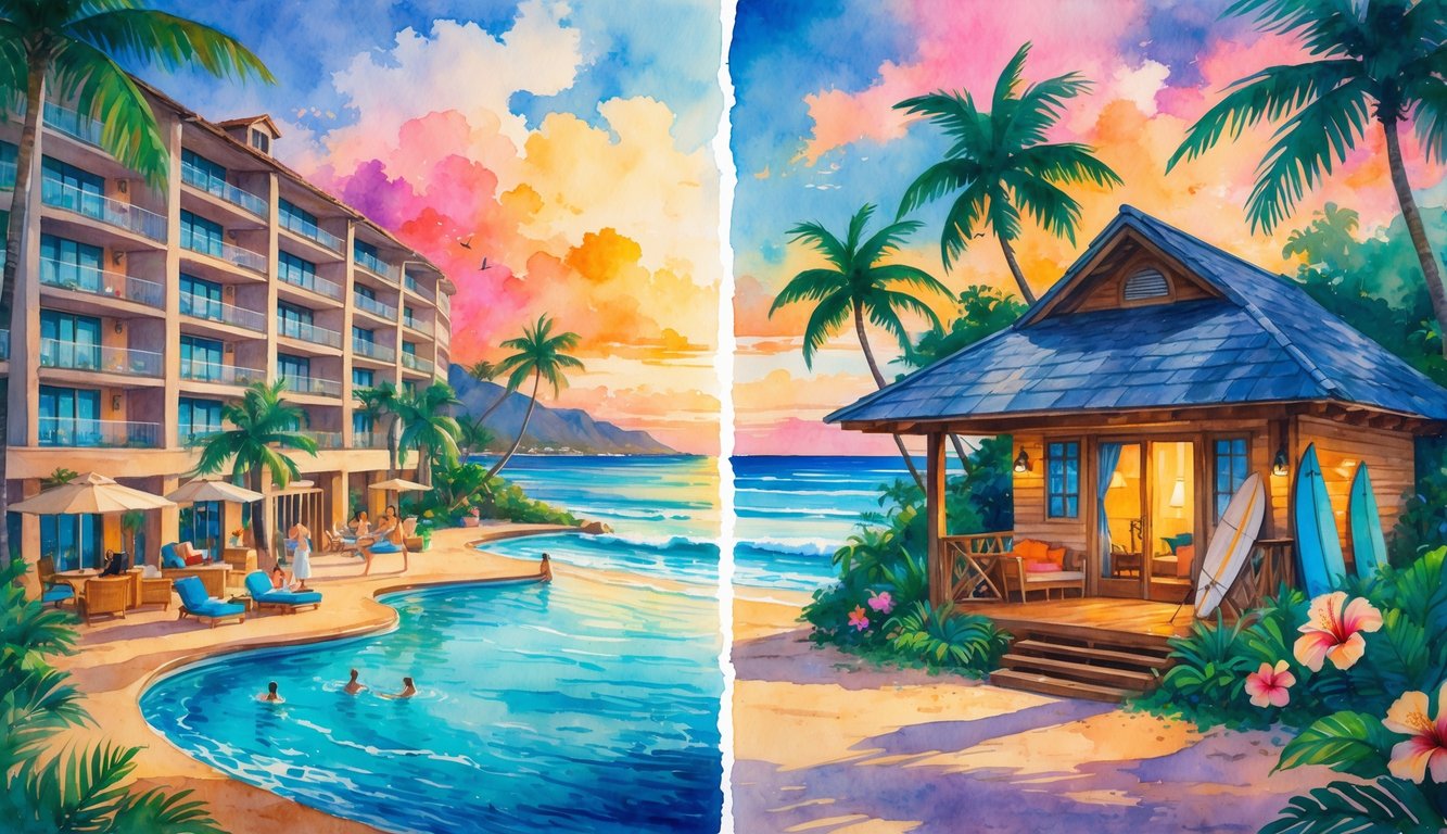 A Hawaiian beach scene showing a large hotel with a pool on one side and a small tropical bungalow with a porch and hammock on the other, set against an ocean and sunset background.