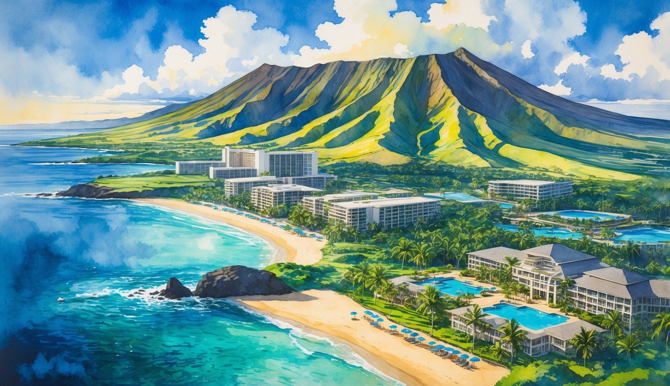 Aerial view of the Big Island of Hawaii showing green mountains, blue ocean, sandy beaches, and beachfront resorts with pools and palm trees.