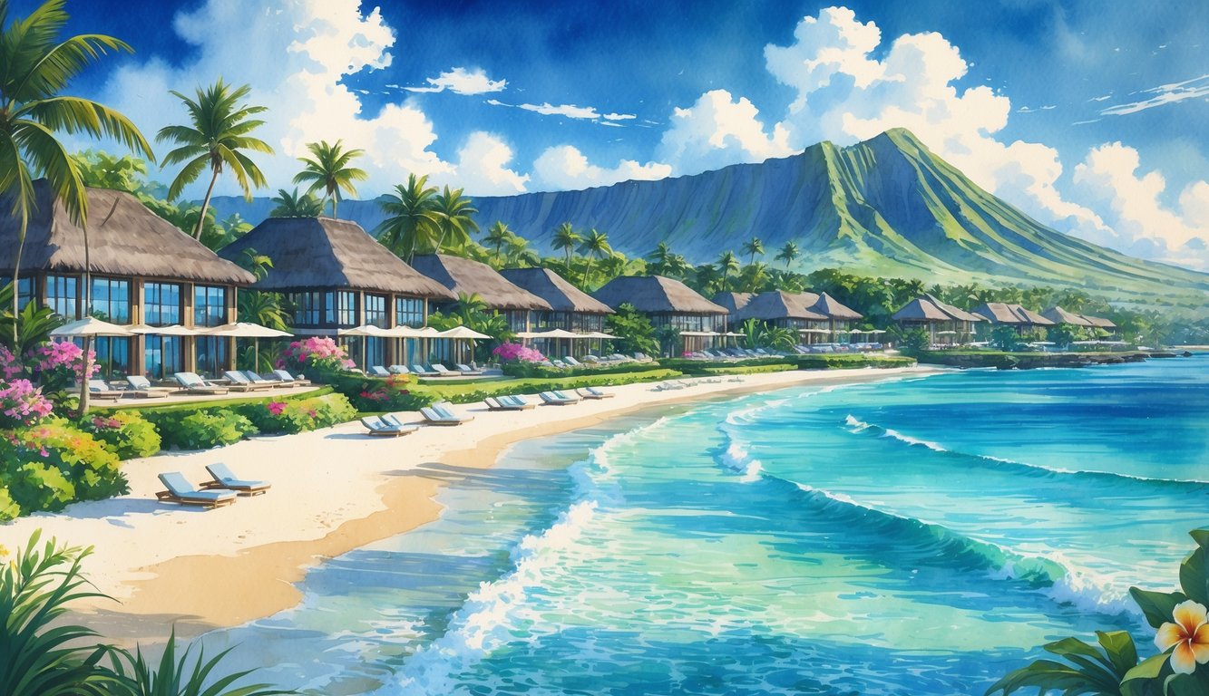 A coastal scene with luxury beachfront resorts, palm trees, white sandy beaches, turquoise ocean, and volcanic mountains in the background.