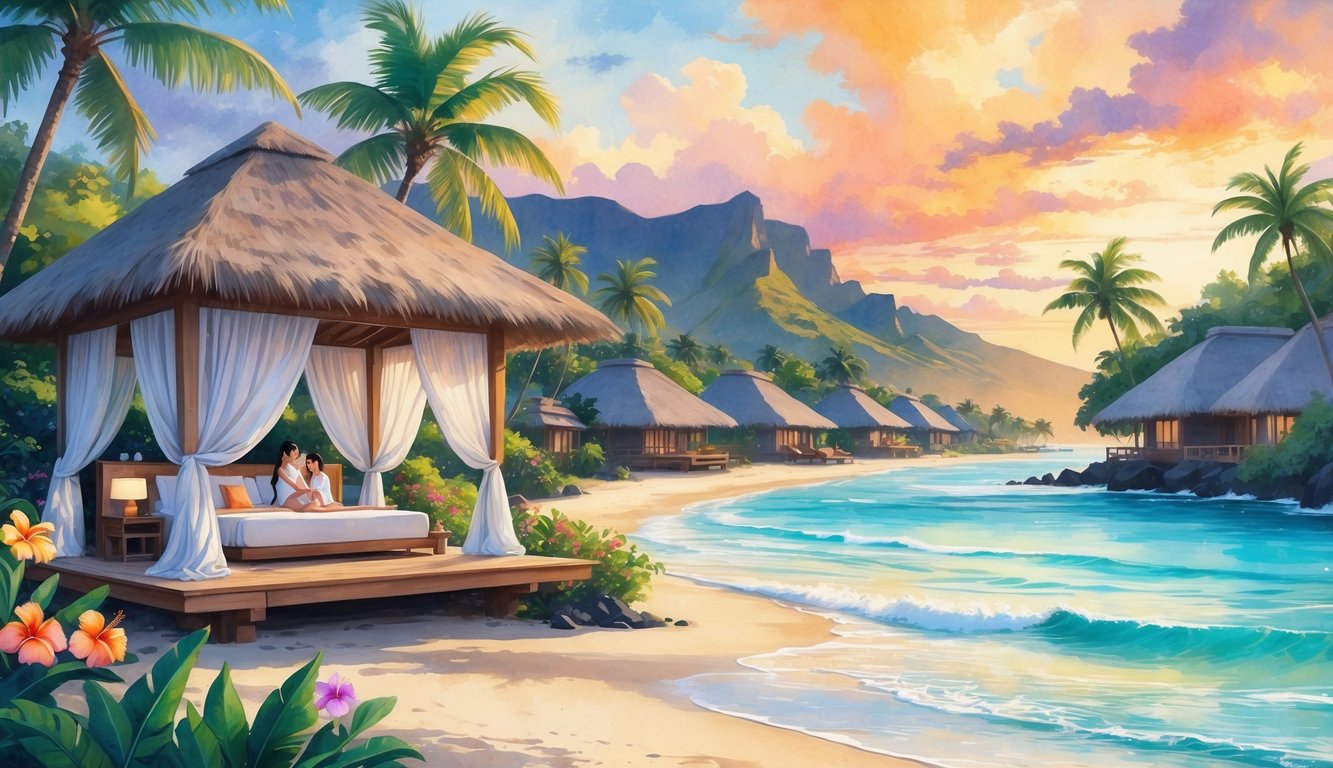 A peaceful Hawaiian beach resort scene with a couple relaxing in a beachfront cabana surrounded by tropical flowers, palm trees, and calm ocean waters at sunset.