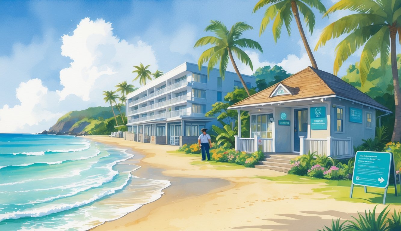 A peaceful Hawaiian beach scene showing a hotel on one side and a cozy bungalow on the other, surrounded by palm trees and tropical plants, with security and safety features visible.