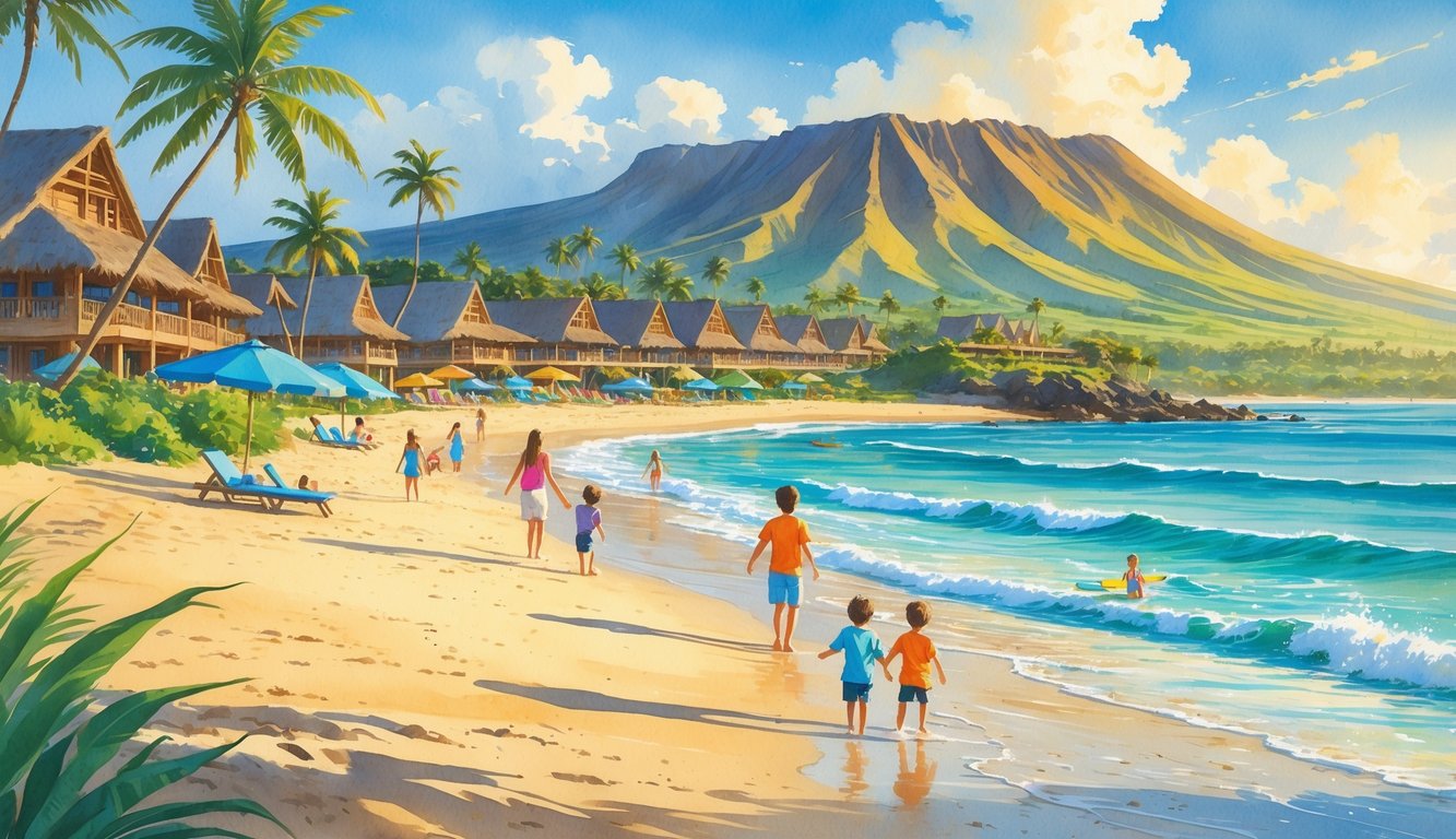 A family-friendly beachfront resort with children playing on the sandy beach, palm trees, resort buildings, and calm ocean waves under a clear sky.