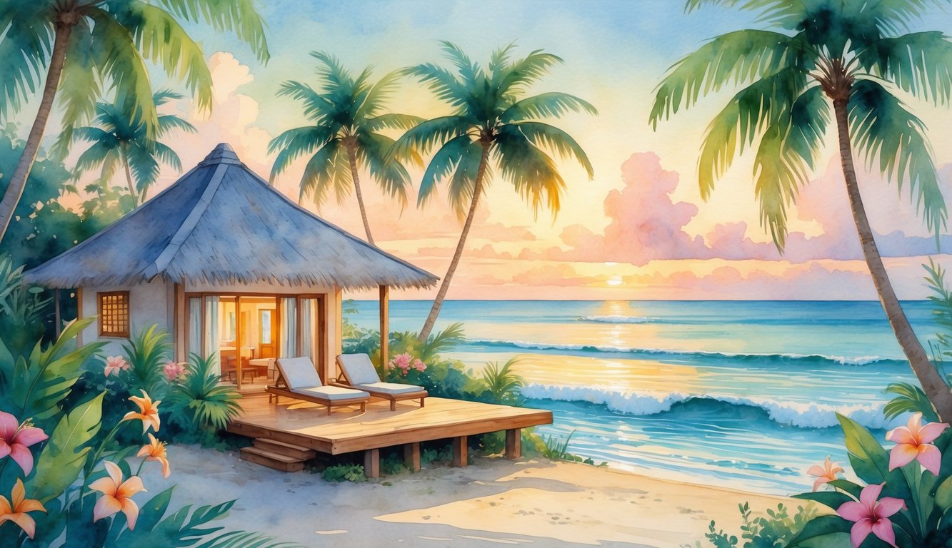 A peaceful tropical resort bungalow surrounded by palm trees and flowers overlooking calm ocean waters at sunset.