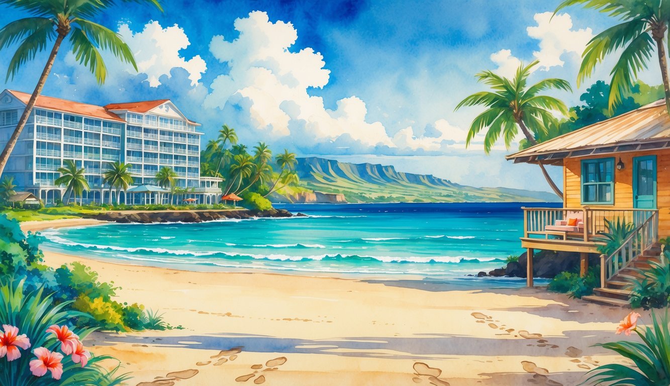 A Hawaiian beach scene showing a hotel building on one side and a small bungalow surrounded by tropical plants on the other, with the ocean and mountains in the background.