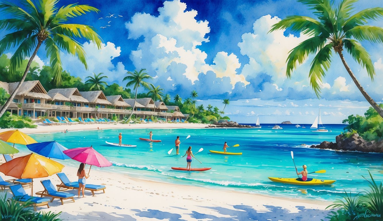 A tropical island beach with people snorkeling, paddleboarding, and relaxing near beachfront resorts surrounded by palm trees and calm ocean waters.