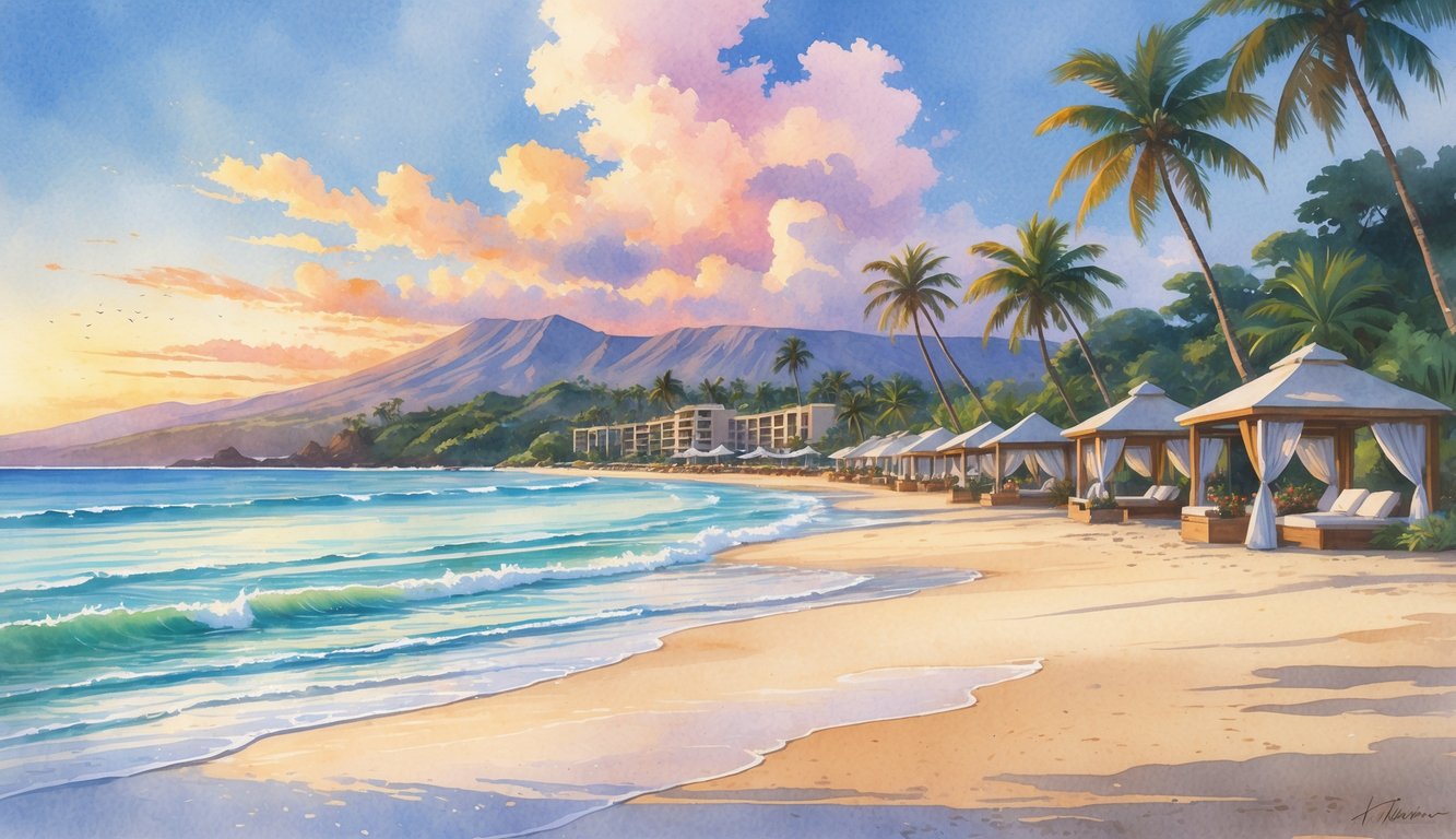 A peaceful beach scene with palm trees, ocean waves, lounge chairs, and a resort by the shore under a colorful sunset sky.